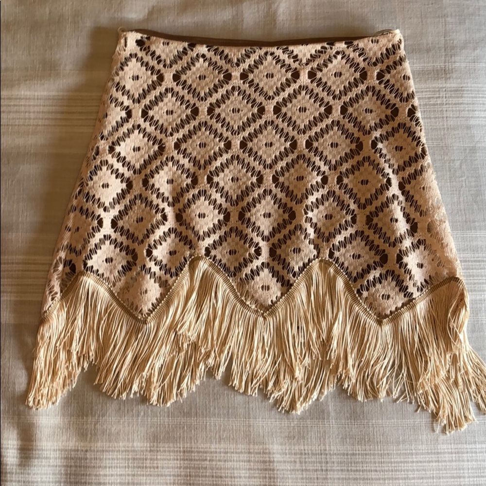 Judith March Beige Crochet Mini Skirt with Dark Diamond Pattern & Fringe